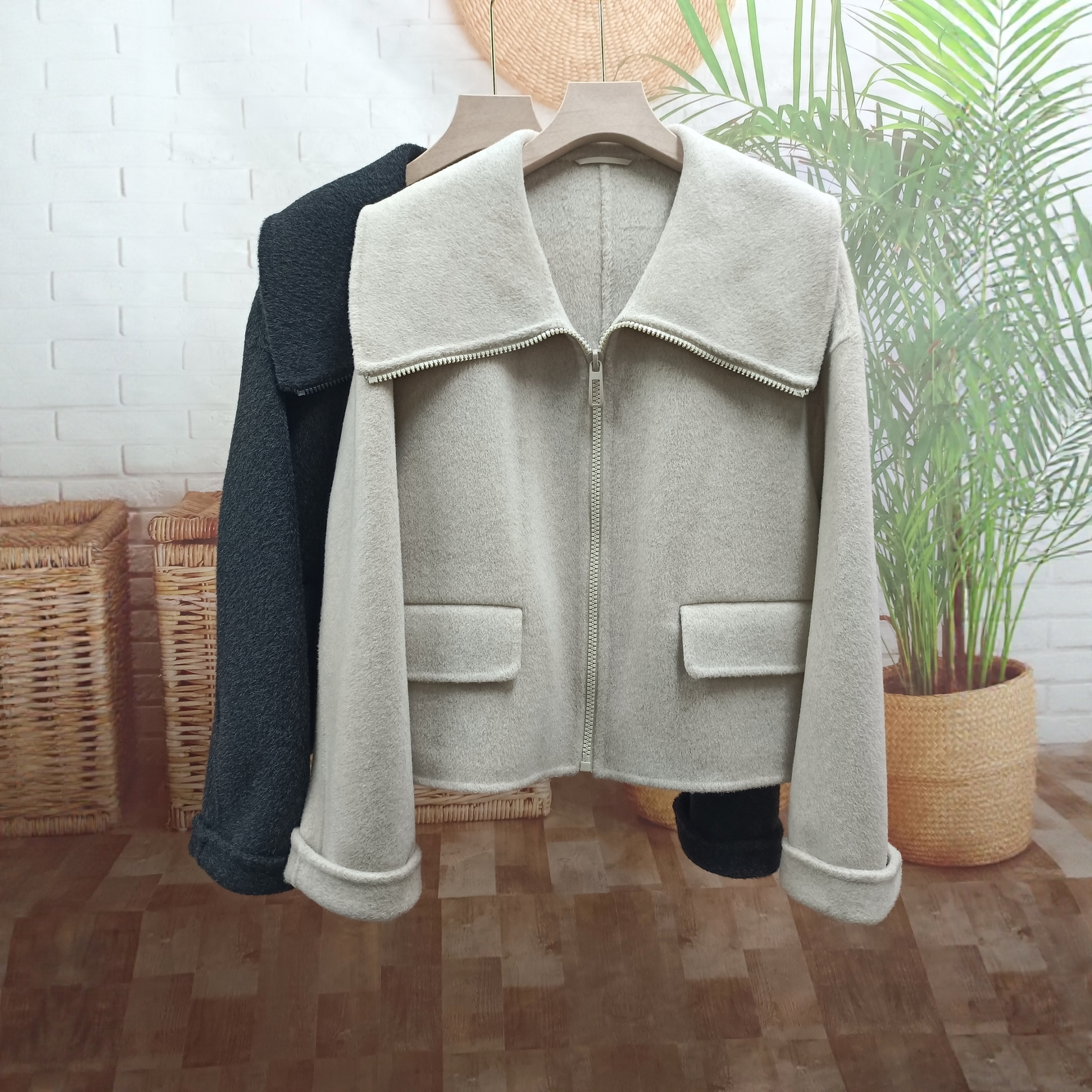 海军领休闲手工缝制羊毛呢外套女韩系宽松短款双面羊绒大衣秋冬款