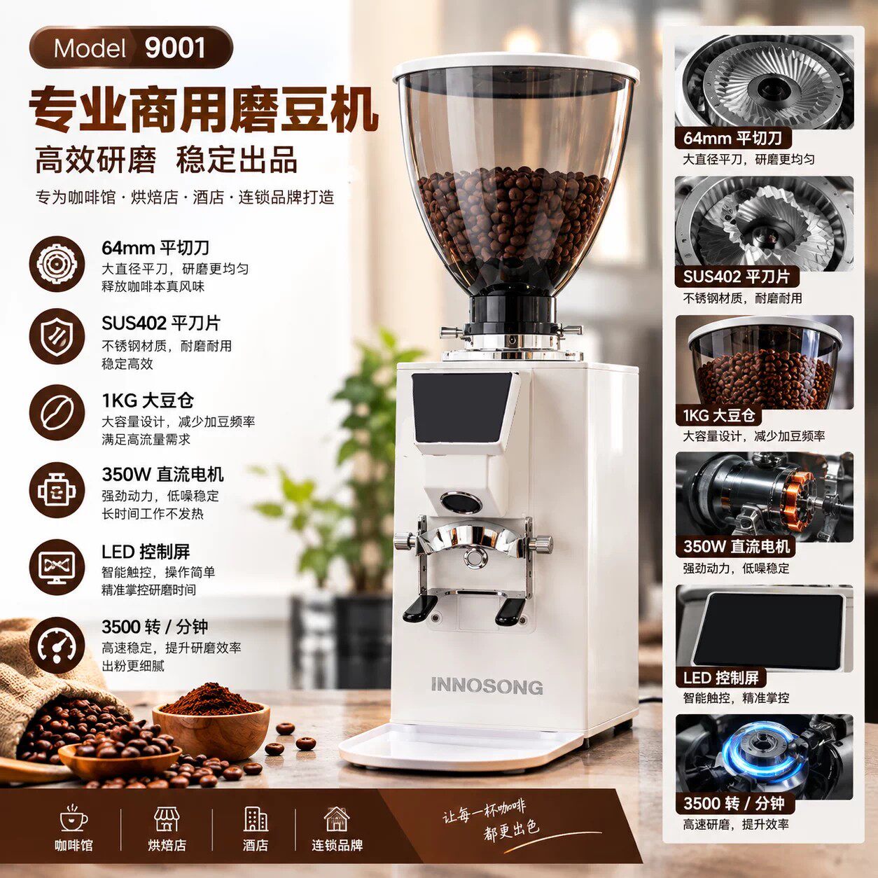 INNOSONG智松9001专业意式定量商用直出磨豆机咖啡研磨机64mm刀盘