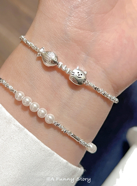 「猫与鱼」AFunnyStory通体S925碎银子珍珠手链小众百搭趣味礼物