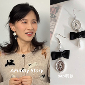 「papi酱同款 」芭蕾舞曲复古黑色蝴蝶结流苏长款 气质不对称耳钉耳