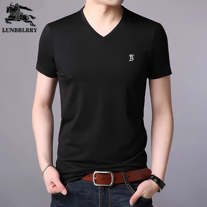 夏季新款伦巴宝利娇短袖t恤男士纯色V领纯棉薄款商务休闲宽松上衣