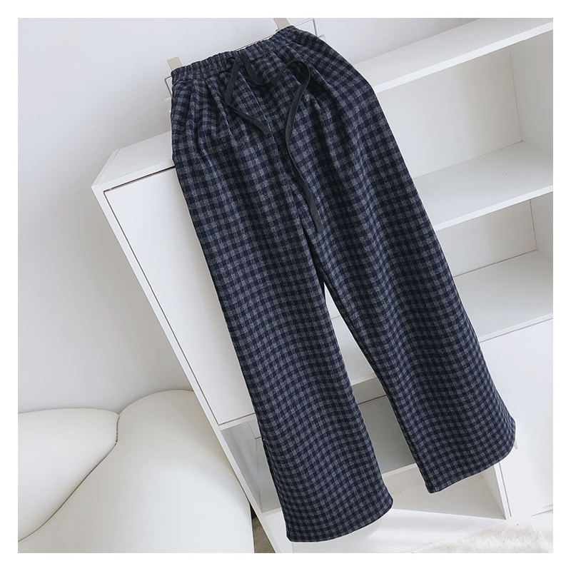 保暖加绒加厚格子裤女秋冬宽松显瘦休闲阔腿裤直筒拖地裤大码长裤