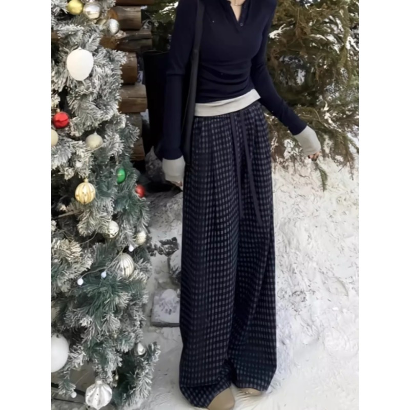 韩版大码格纹直筒休闲裤女秋冬季胖mm加绒保暖宽松显瘦阔腿长裤子