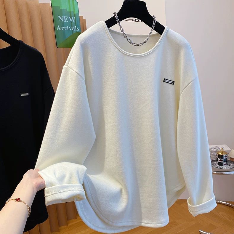 2025秋冬季新款韩版百搭U领德绒磨毛长袖t恤女宽松休闲打底衫上衣