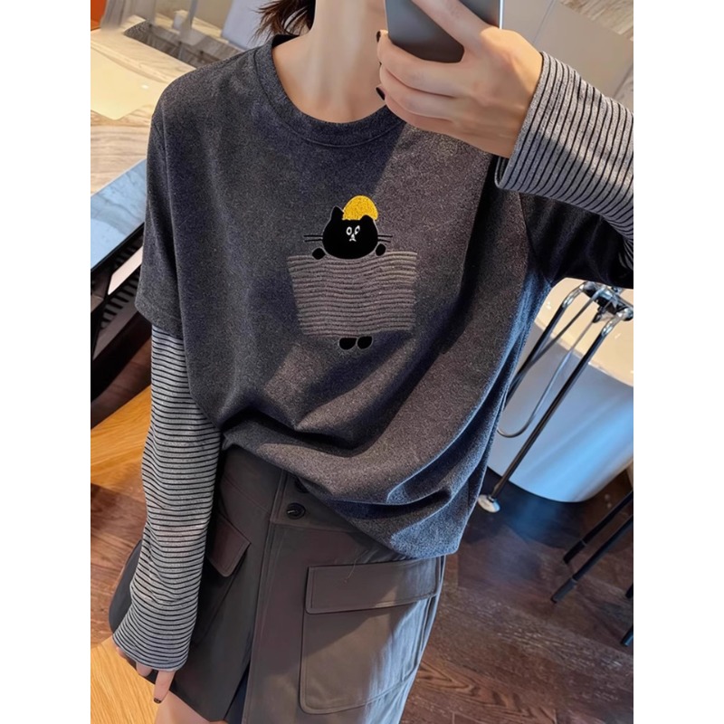 大码女装欧洲站高端2025秋冬新款假两件条纹T恤德绒磨毛百搭上衣