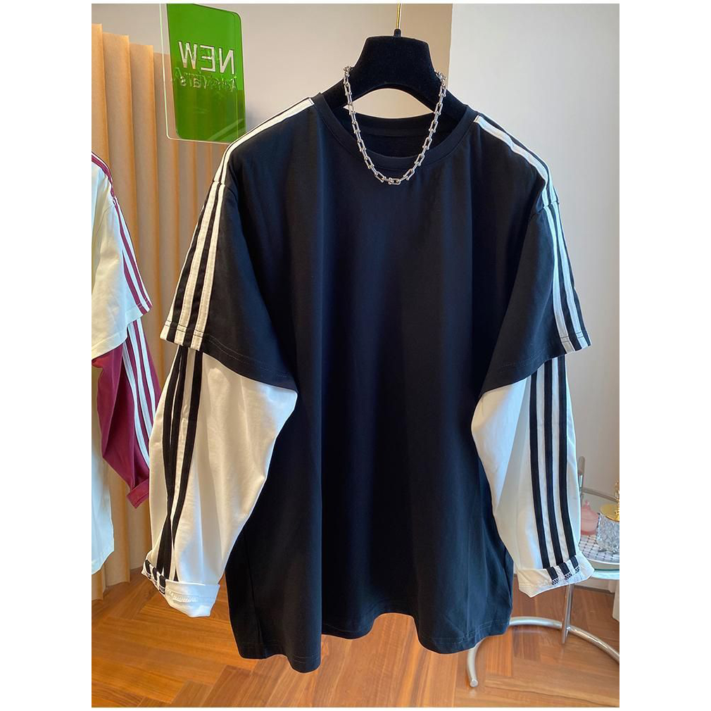 微胖80-300斤大码高级感拼接假两件长袖T恤女简约休闲显瘦上衣