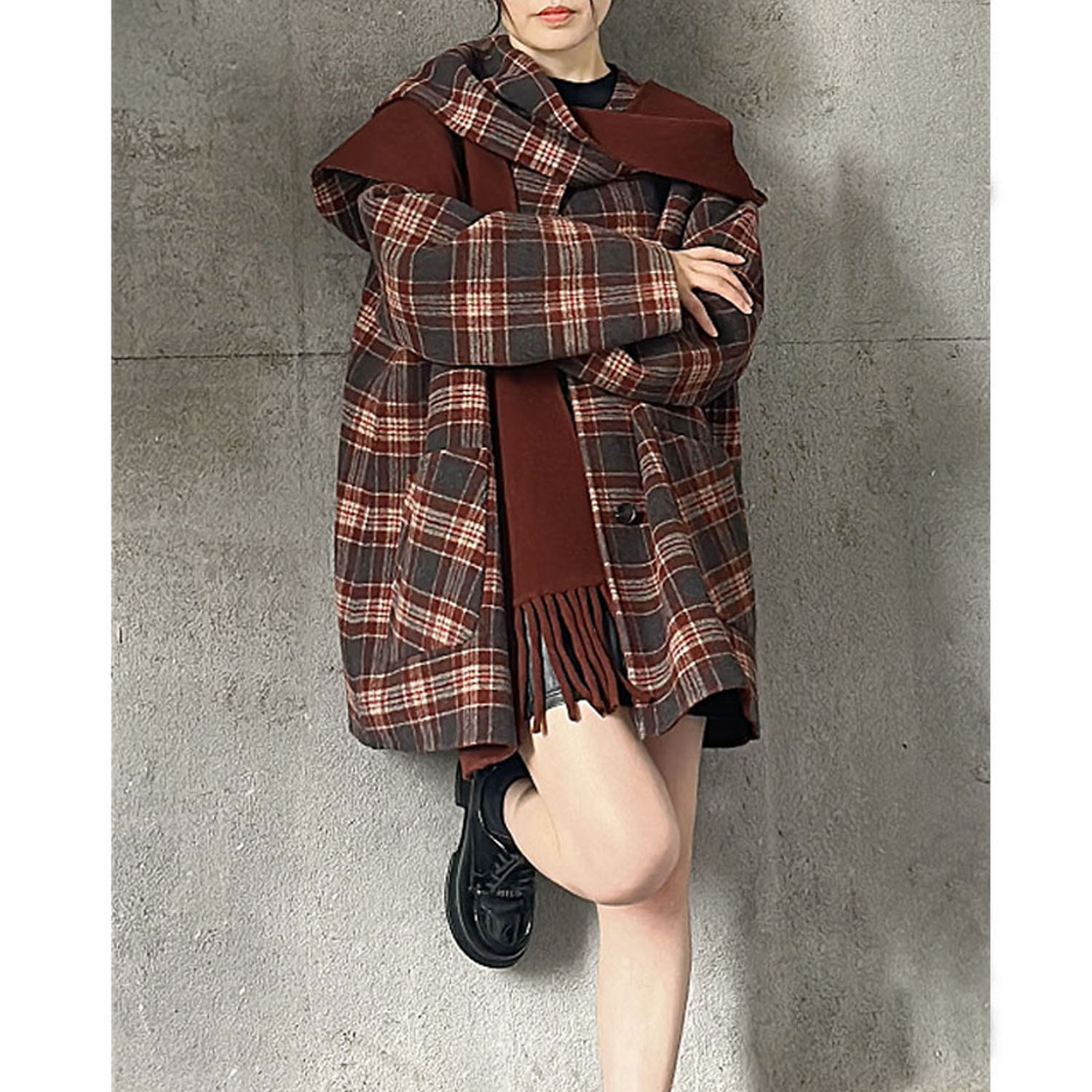 现货围巾连帽双面羊绒毛呢外套女中长款秋冬季韩系宽松斗篷大衣