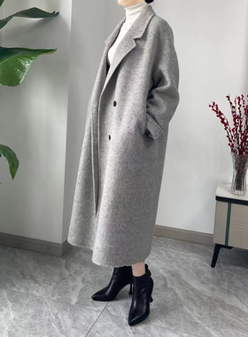 2025秋冬新款桑蚕丝兔绒双面呢大衣女中长款灰色反季韩版羊毛外套