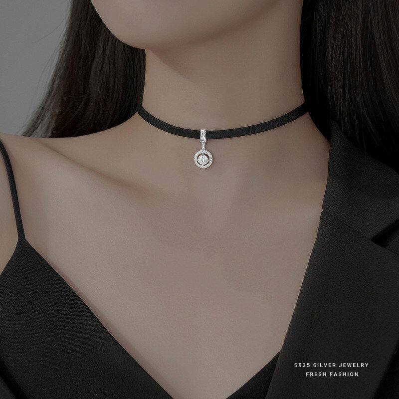 s925纯银choker项圈项链女锁骨链短款颈链黑色皮绳小众ins冷淡风