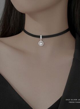s925纯银choker项圈项链女锁骨链短款颈链黑色皮绳小众ins冷淡风