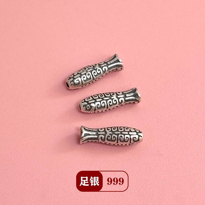 S999足银锦鲤小鱼隔珠藏银国风挂件diy水晶手链项链串珠编绳配件