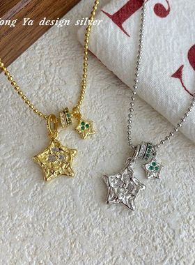 S925纯银锤纹熔岩星星项链独特甜美韩风气质可爱高级锁骨链代发