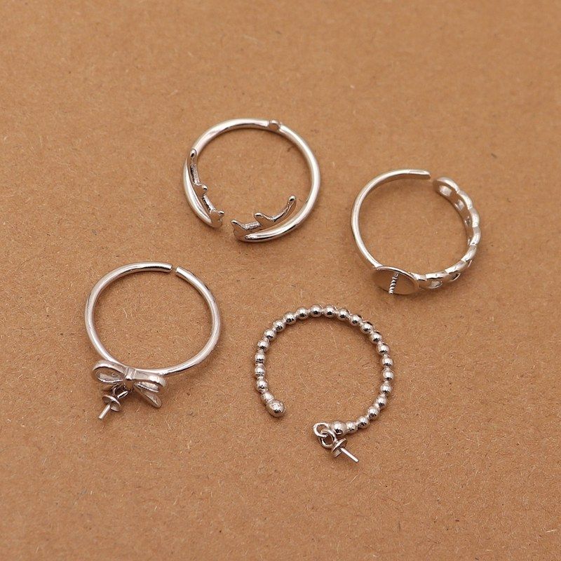 S925纯银蝴蝶结戒指小鹿食指戒空托粘珠戒可调节开口戒宽面指环