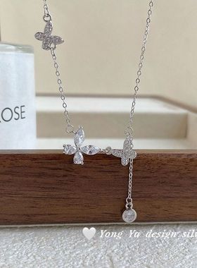S999足银ins风蝴蝶流苏项链女小众设计感轻奢韩版森系锁骨链代发