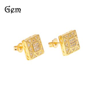 跨境货源欧美嘻哈潮牌铜镀金方形微镶锆石耳钉hiphop earring