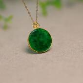 18K金满色辣绿缅甸天然A货翡翠无事圆牌锁骨吊坠 L098