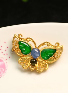 #D635 S925银镀金镶嵌满绿天然A货翡翠蝴蝶胸针吊坠二用款