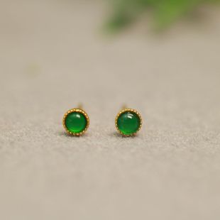 B128一对18K金镶嵌冰种满绿天然A货翡翠小圆蛋面耳钉