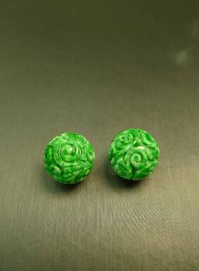 #L285一对辣绿缅甸天然A货翡翠团寿龙纹雕花珠子 10.5MM圆珠佛珠