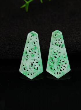 #K054一对飘阳绿缅甸天然A货翡翠镂空雕花耳坠花片裸石