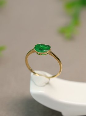 #h535 18K金镶嵌冰种满绿天然A货翡翠如意头戒指