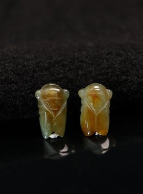 #F753一对冰种飘黄翡天然A货翡翠玉蝉一鸣惊人知了小吊坠坠角