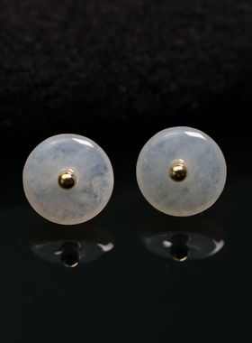 #4076一对18k金镶嵌白色冰种天然A货翡翠平安扣耳钉