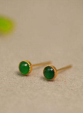 #D986一对18K金镶嵌老坑冰种满绿天然A货翡翠圆形蛋面耳钉