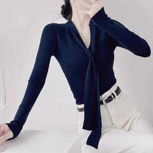 现货厂家 白领女气质v领打底内搭蝴蝶结针织衫毛衣飘带上衣