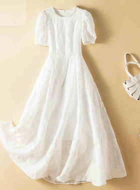 现货大码白色连衣裙2021夏新钉珠提花仙气公主裙胖妹妹初恋长裙子