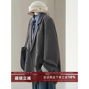 高品质袖 4U4U 新款 女2025春季 口设计感复古外套 灰色宽松显瘦西装