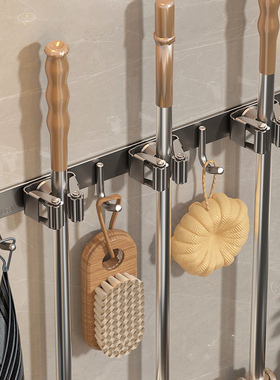 枪灰拖把壁挂夹304不锈钢挂钩一排免打孔卫生间收纳多功能固定架