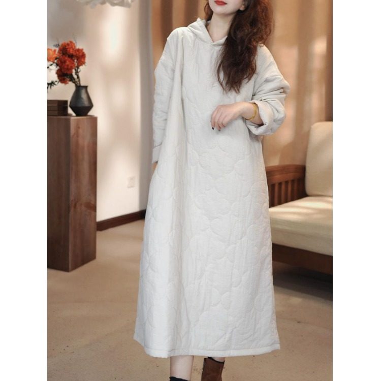 棉袍女中长款加厚夹棉连帽套头连衣裙冬季绗缝保暖家居棉衣小棉袄