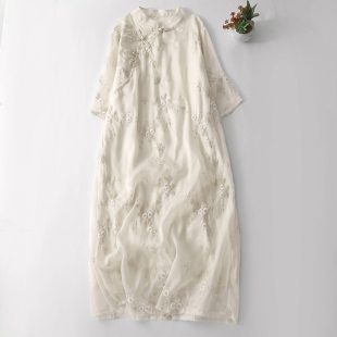 改良年轻款 夏季 气质长裙 斜襟盘扣刺绣旗袍连衣裙女2024新款 新中式