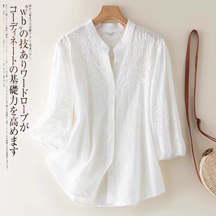 2026新款夏季七分袖上衣V领刺绣白衬衫女中袖镂空高级感宽松衬衣