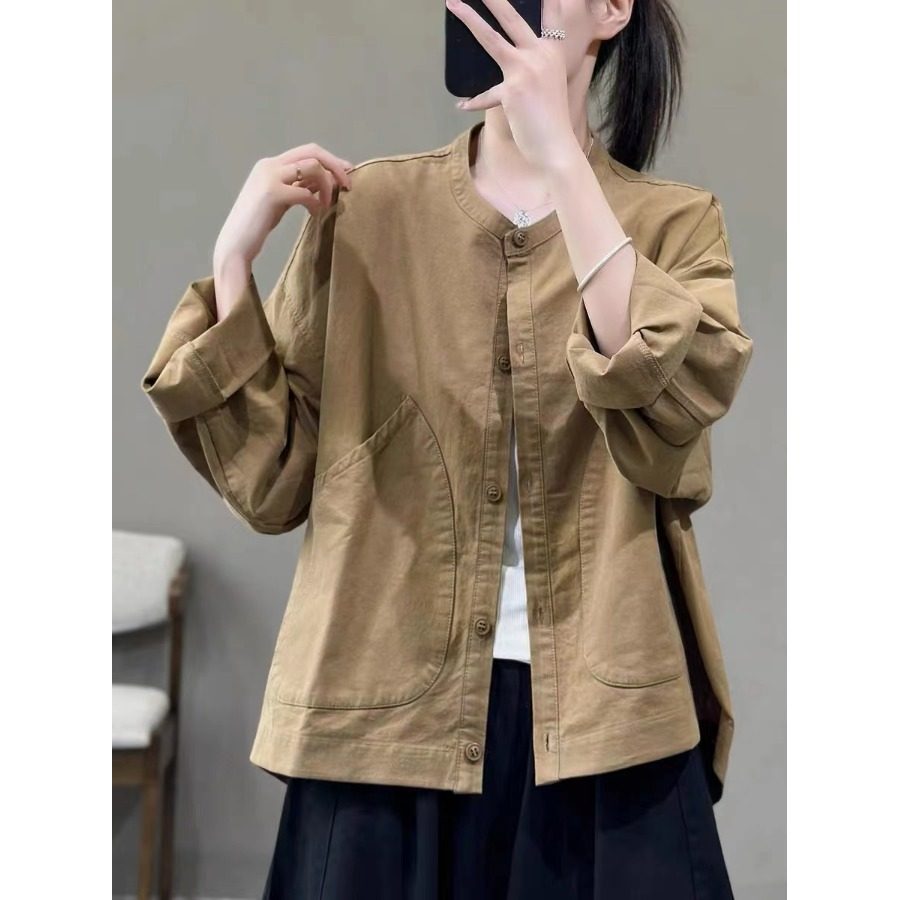 复古港风工装短款外套女春秋宽松大码休闲棉质长袖外搭开衫上衣潮