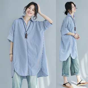 女装 开叉衬衣显瘦翻领套头衬衫 夏装 中长款 胖MM文艺竖条纹短袖 大码