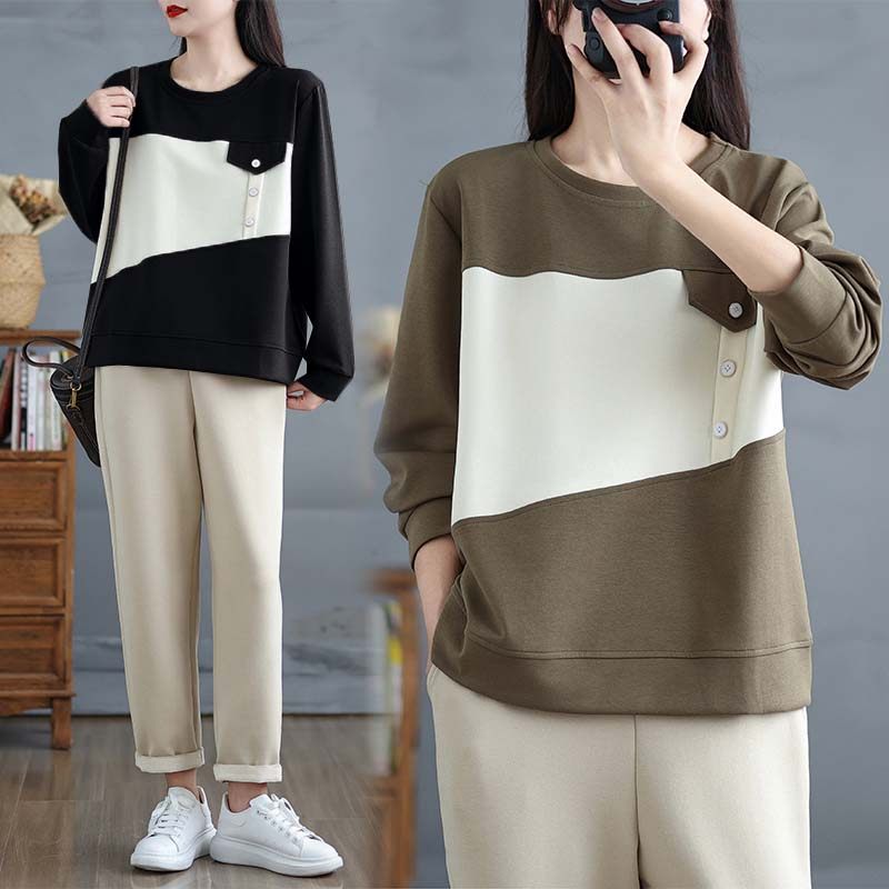 拼接撞色圆领无帽卫衣女秋季时尚百搭长袖打底衫大码胖mm宽松上衣,女装/女士精品,大码内搭,淘宝优惠券,粉丝福利购,淘宝优惠卷