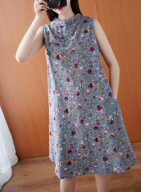 复古盘扣中式改良旗袍裙显瘦洋气碎花棉麻背心连衣裙子夏大码胖mm