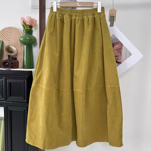 复古全棉灯芯绒半身裙女秋季 高腰显瘦a字花苞裙条绒拼接灯笼裙子