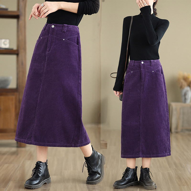 紫色半身裙女2024年新款秋冬今年流行半裙高腰条绒长裙灯芯绒裙子
