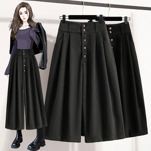 休闲八分直筒裤 韩版 胖mm高腰显瘦宽松裙裤 女冬大码 加厚毛呢阔腿裤