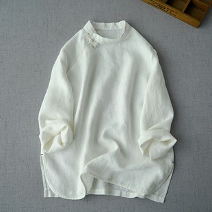 2026春装新品复古盘扣水洗亚麻长袖衬衫女士百搭中式禅意茶服上衣