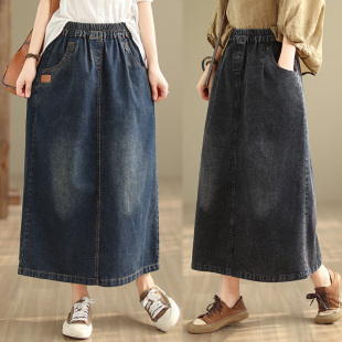 2024春季 文艺复古洋气百搭松紧高腰水洗牛仔开叉半身裙女长裙 新款