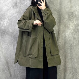 复古高级感连帽风衣外套女2026春新款宽松大码中长款休闲工装大衣