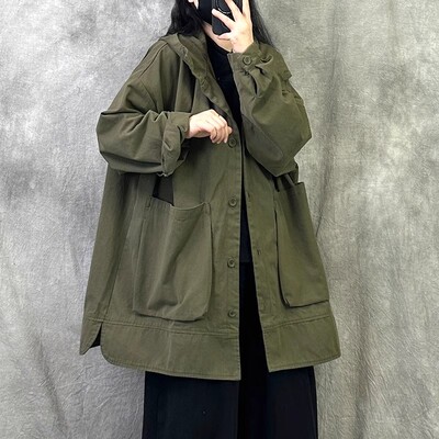 复古高级感连帽风衣外套女2025春新款宽松大码中长款休闲工装大衣