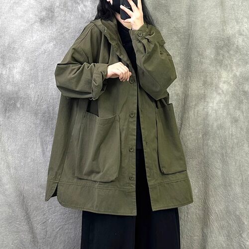 复古高级感连帽风衣外套女2026春新款宽松大码中长款休闲工装大衣