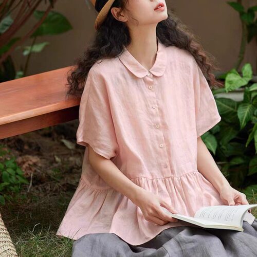 2026夏季日系短袖衬衫女夏季薄款休闲百搭上衣娃娃领亚麻衬衣