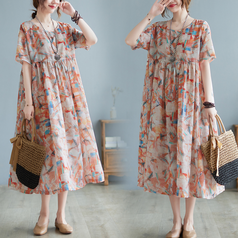大码女装2023夏季新款花色宽松a字裙大摆裙复古度假风棉麻连衣裙
