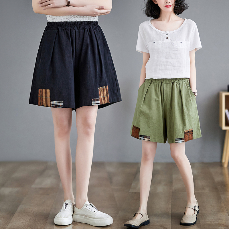 棉麻短裤女夏季胖mm大码文艺格子贴布宽松裙裤休闲时尚显瘦五分裤